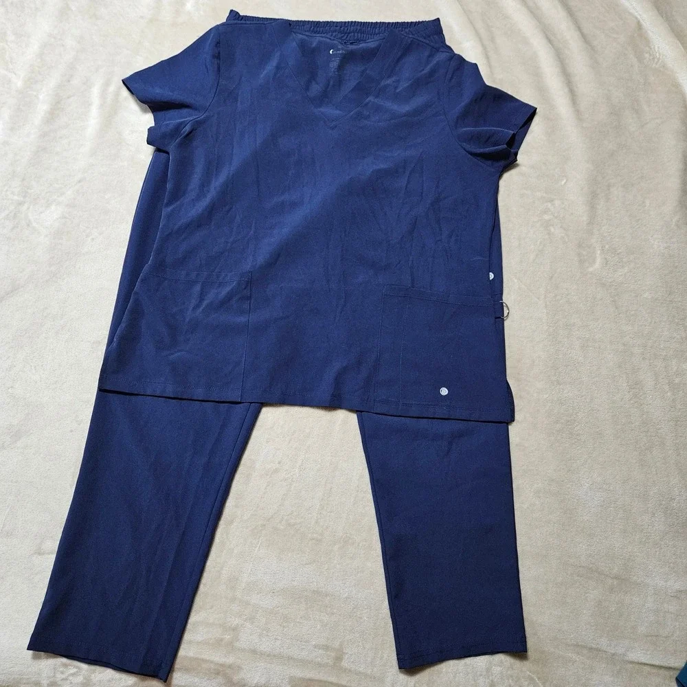 Centro Womens Navy Blue Scrub Set V-Neck Top & Pants Size Large